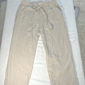 Ambience Apparel Linen Blend Wide Leg Pant Size Large . Tan. Stretch tie waist